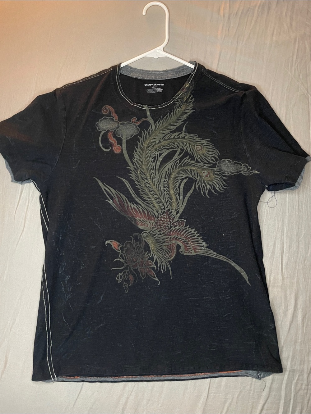 DKNY Black Tee with Muted Red & Olive Phoenix Graphic